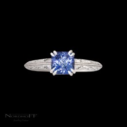 Cornflower Blue Sapphire and Hand Engraved Platinum Engagement Ring