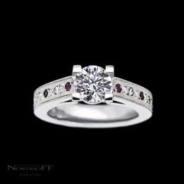 Round Diamond Engagement Ring with Engraved Ruby Detail
