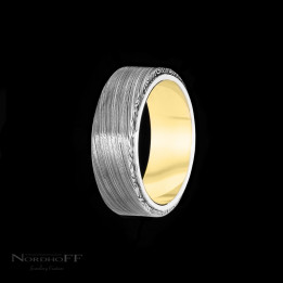 Damascus Patterned Steel and Yellow Gold Wedding Ring